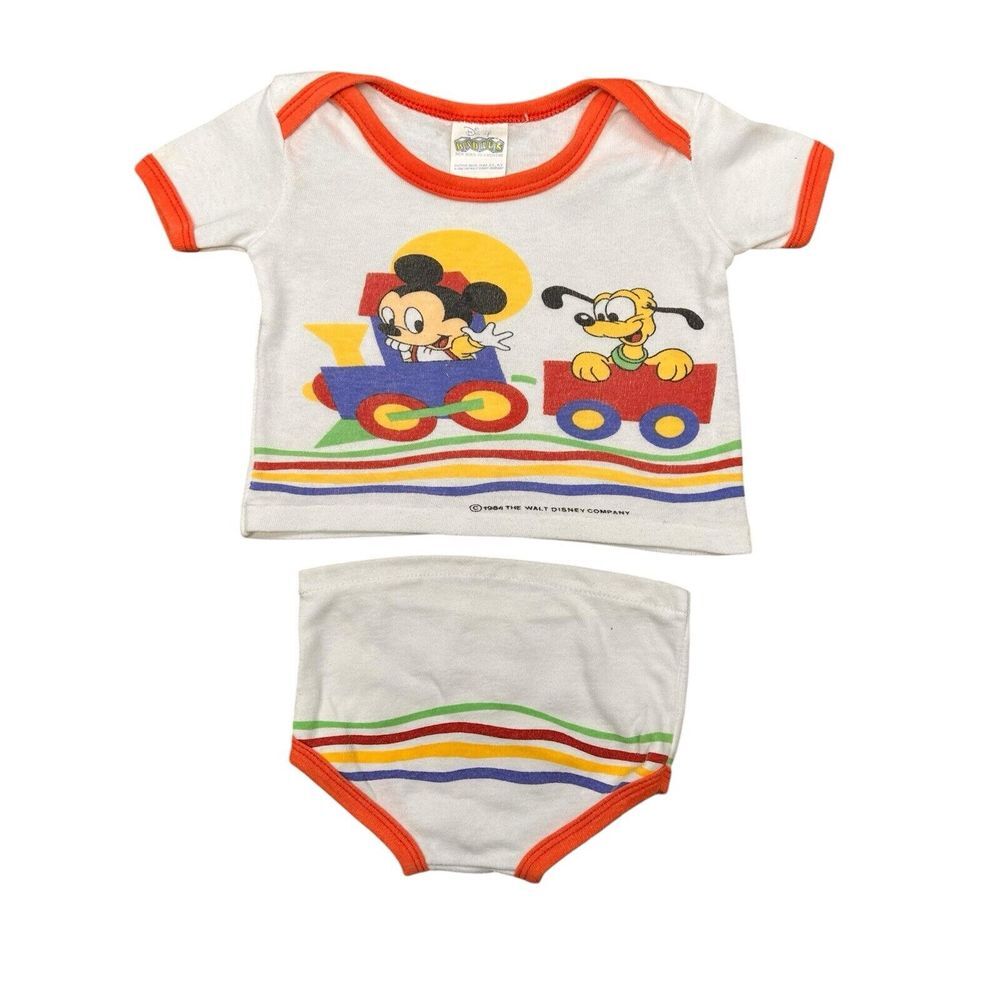 Vintage Disney Babies Shirt 0-6MO Mickey‎ Mouse Pluto 1984 Walt Disney 2 Piece